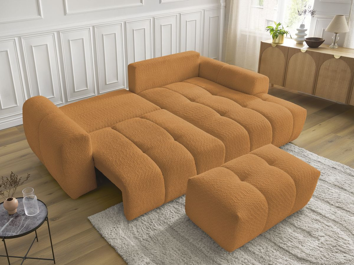 Bobochic Roxelane Ecksofa mit Schlaffunktion und Bettkasten und Pouf 258 × 150 cm Bouclé-Stoff Gelb Ecke rechts
