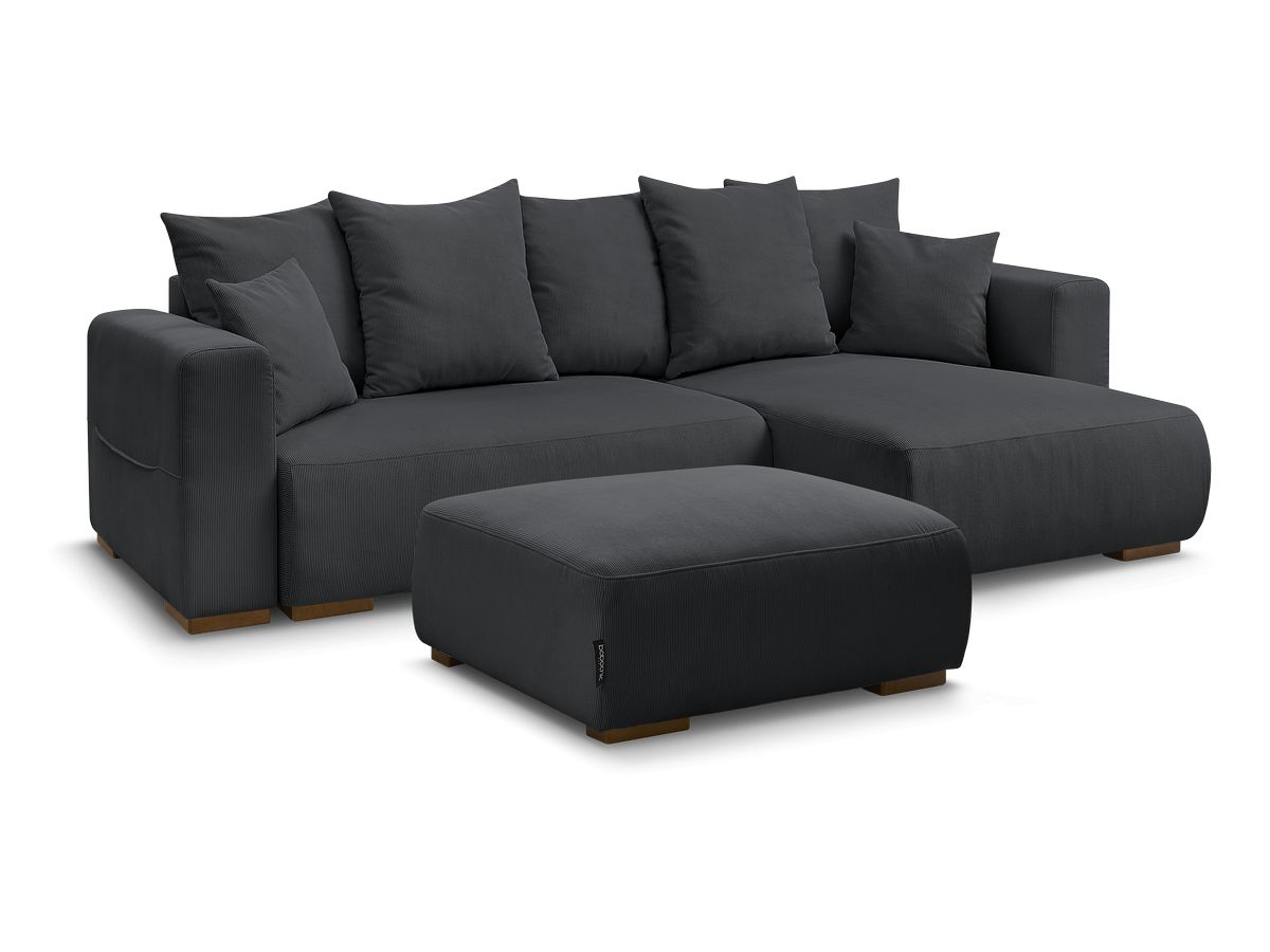 Bobochic Sidonie Ecksofa mit Schlaffunktion und Bettkasten und Pouf Cordsamt Schwarz