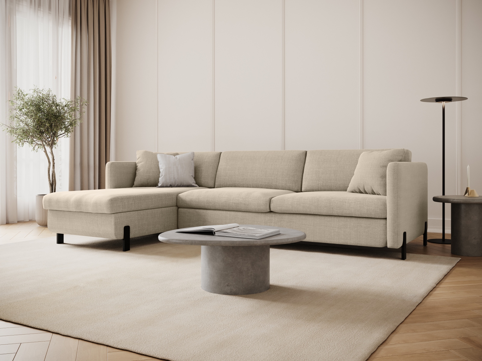 Micadoni Schlaf-Ecksofa Gloria 4-Sitzer Links Strukturierter Stoff Beige 205x140