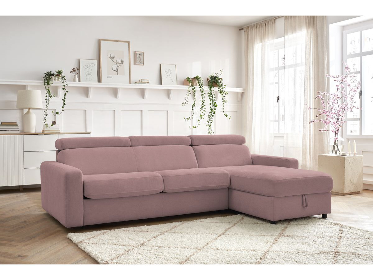 Bobochic Monaco Ecksofa mit Schlaffunktion und Bettkasten Stoff Rosa, Liegefläche 140 × 190 cm