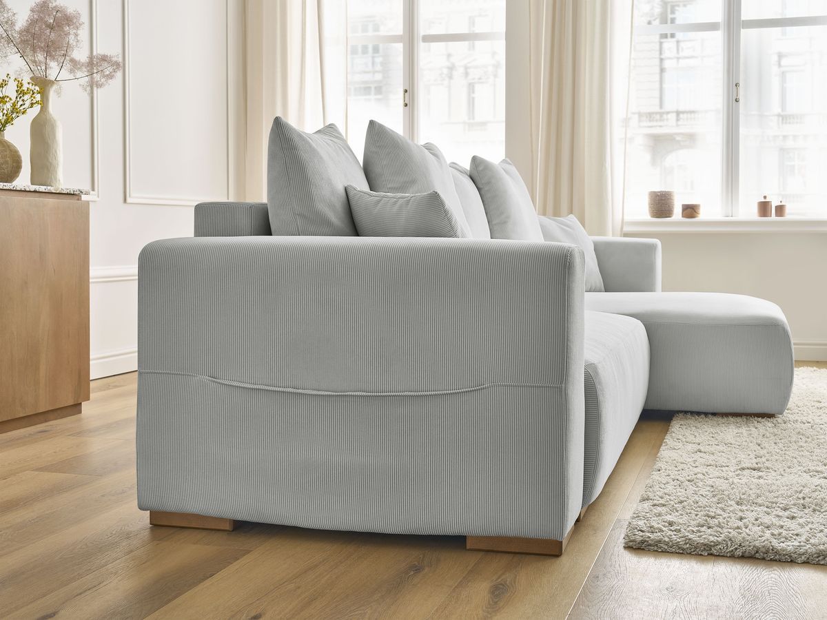 Bobochic Sidonie Ecksofa mit Schlaffunktion und Bettkasten Cordsamt Hellgrau