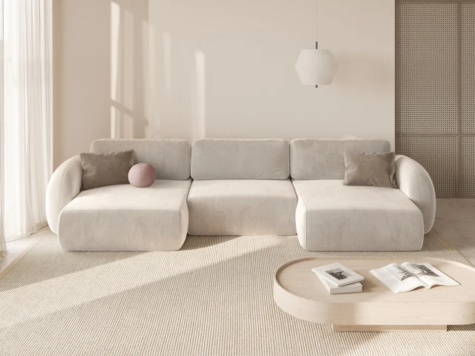Cosmopolitan Design Panoramasofa Tonale 5-Sitzer mit Schlaffunktion und Bettkasten Samt Magic Velvet Elfenbein