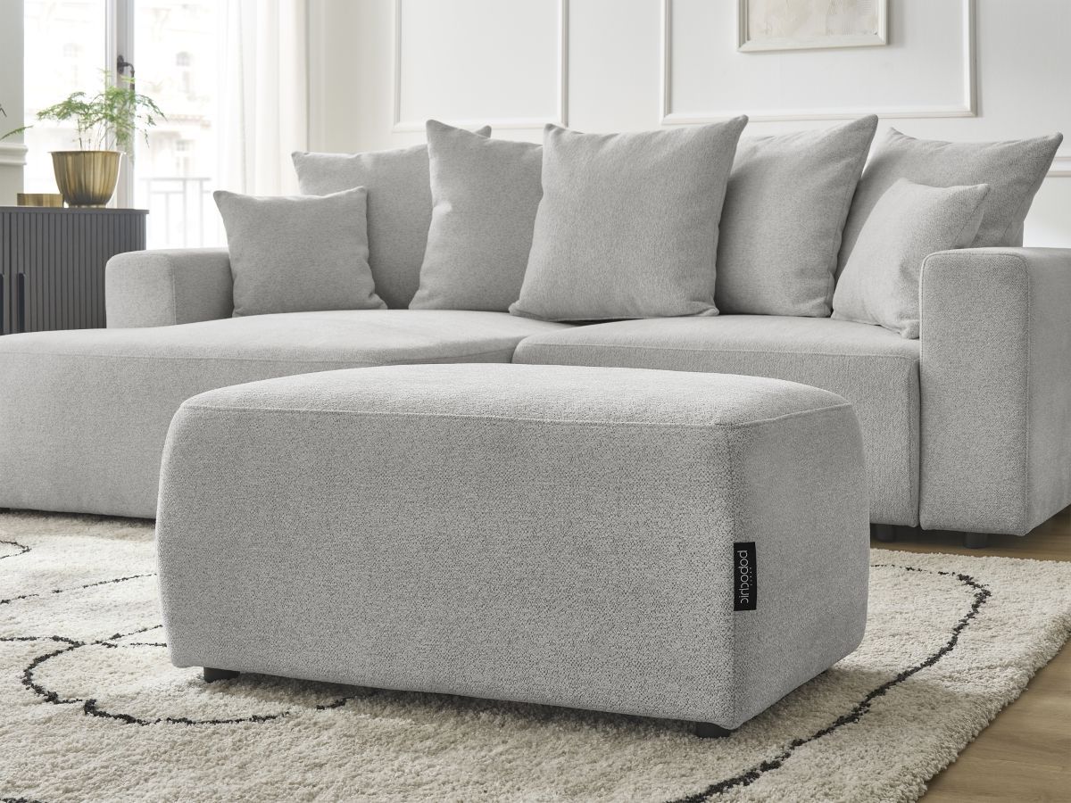 Bobochic Atilla Ecksofa mit Schlaffunktion und Bettkasten und Pouf Melange-Stoff Hellgrau Ecke links