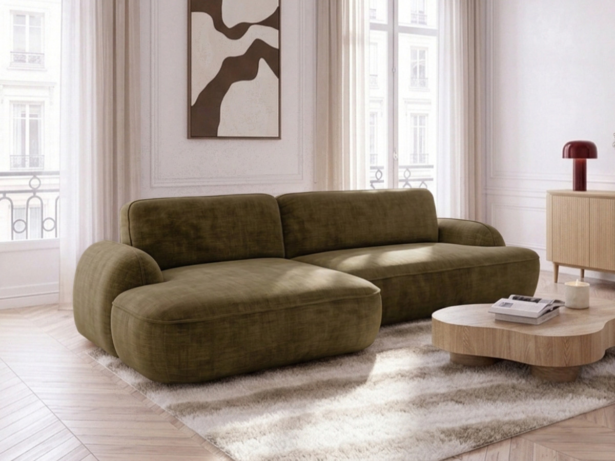 Bobochic Celeste Ecksofa mit Schlaffunktion und Bettkasten Stoff Grün Ecke links