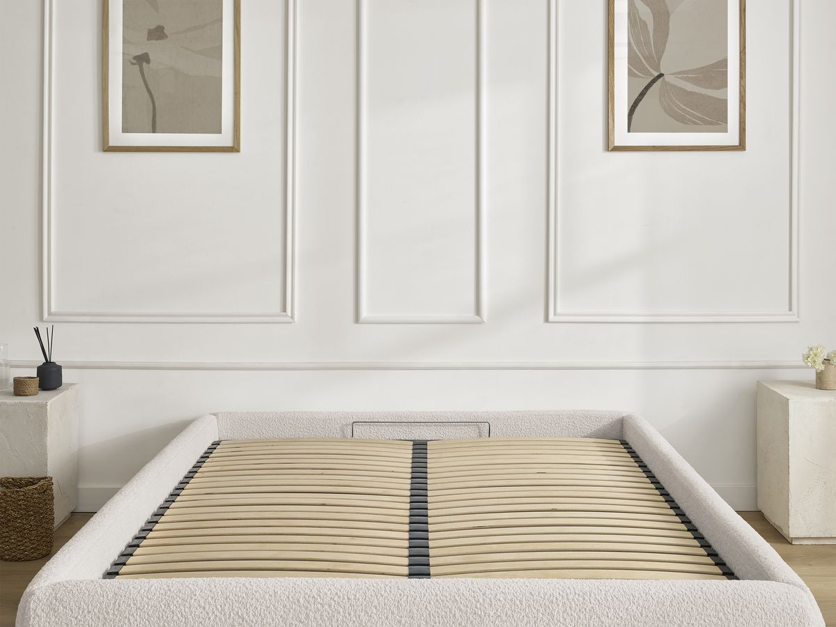 Bobochic Inera Bettgestell mit Bettkasten, ohne Kopfteil Bouclé-Stoff Weiß, Liegefläche 160 × 200 cm