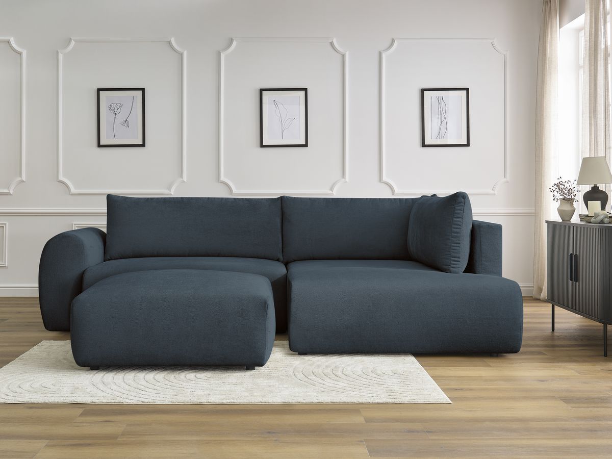 Bobochic Lucien Ecksofa mit Schlaffunktion und Bettkasten und Pouf 296 × 198 cm Stoff Dunkelblau Ecke rechts