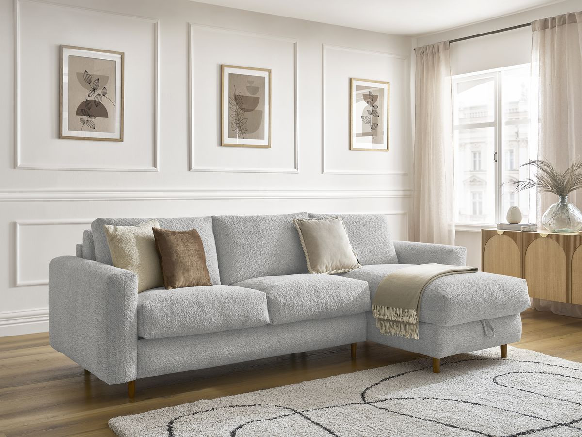 Bobochic Cocoone Ecksofa mit Schlaffunktion und Bettkasten Bouclé-Stoff Hellgrau, Liegefläche 160 × 200 cm