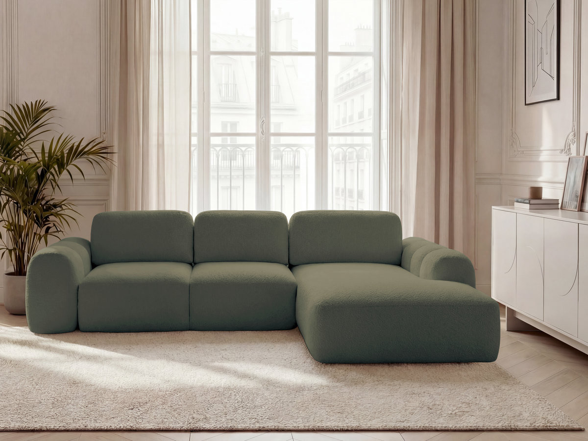 Bobochic Montaigne Ecksofa mit Schlaffunktion und Bettkasten 288 × 196 cm Bouclé-Stoff Grün Ecke rechts