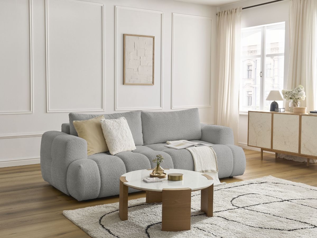 Bobochic Fuji Schlafsofa 3-Sitzer mit Bettkasten Bouclé-Stoff Hellgrau
