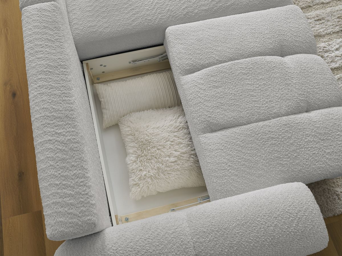 Bobochic Roxelane Ecksofa mit Schlaffunktion und Bettkasten und Pouf 258 × 150 cm Bouclé-Stoff Hellgrau Ecke rechts
