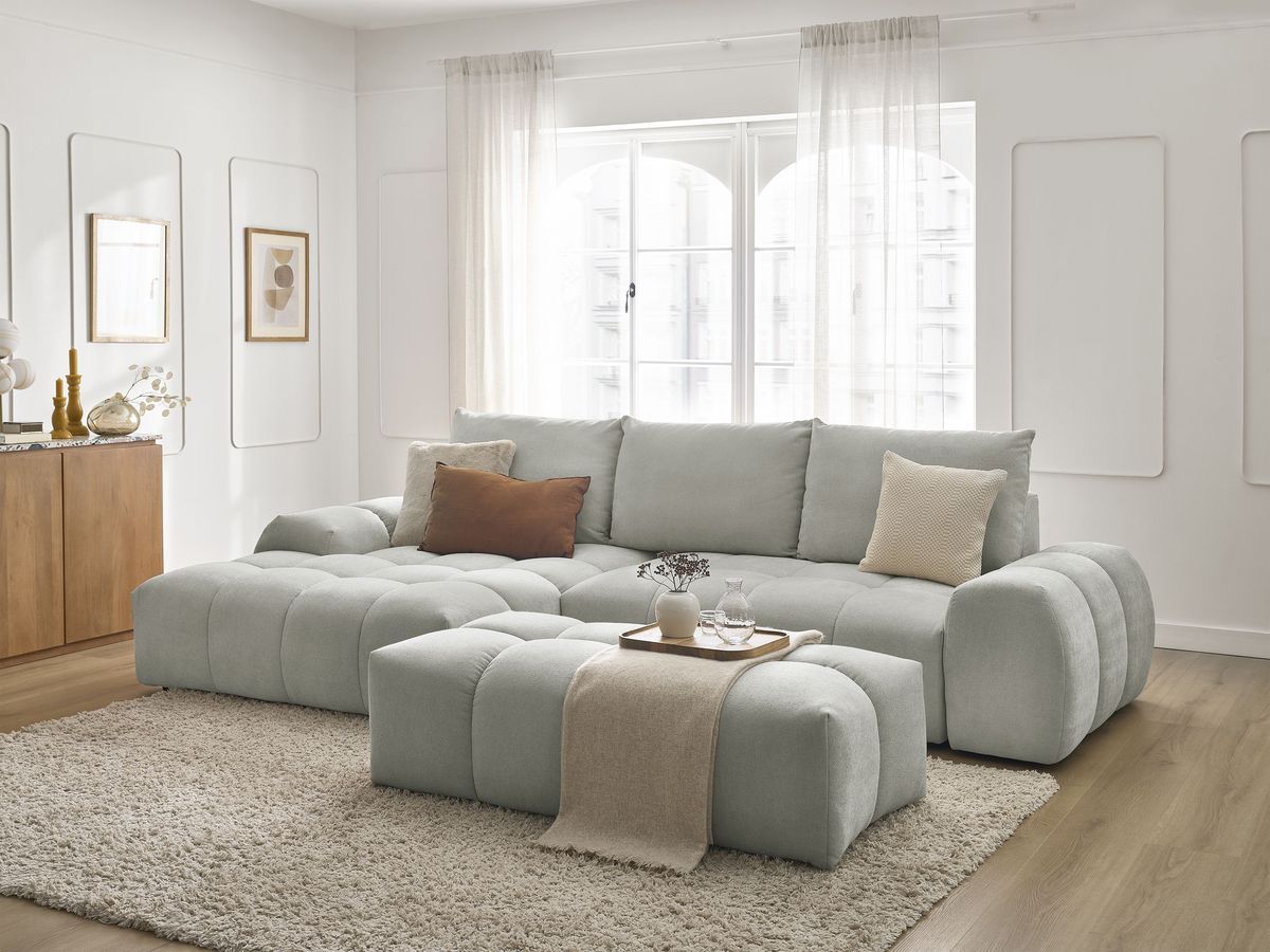 Bobochic Everest Ecksofa mit Schlaffunktion und Bettkasten und Pouf 318 × 180 cm, 3 Kissen Strukturstoff Hellgrau Ecke links