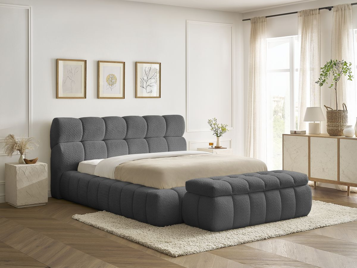 Bobochic Mont-blanc Polsterbett mit Bettkasten mit Bettbank Bouclé-Stoff Dunkelgrau, Liegefläche 140 × 190 cm