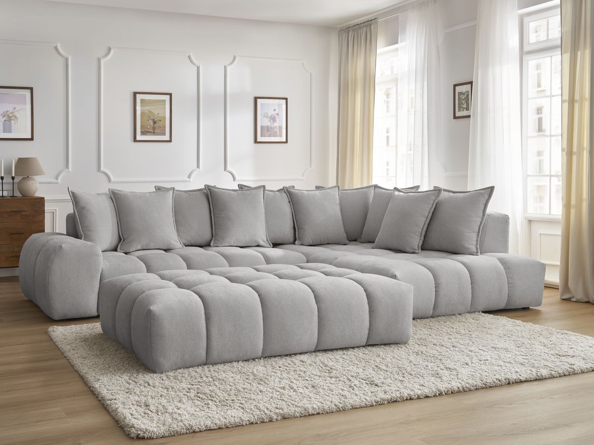 Bobochic Everest Ecksofa mit Schlaffunktion und Pouf, 10 Kissen Strukturstoff Hellgrau Ecke rechts