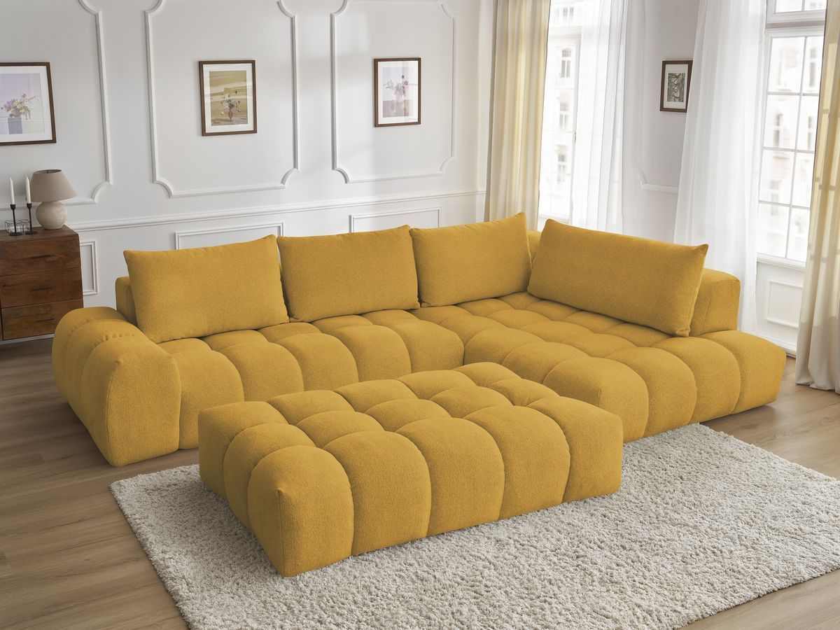 Bobochic Everest Ecksofa mit Schlaffunktion und Pouf, 4 Kissen Melange-Stoff Gelb Ecke rechts