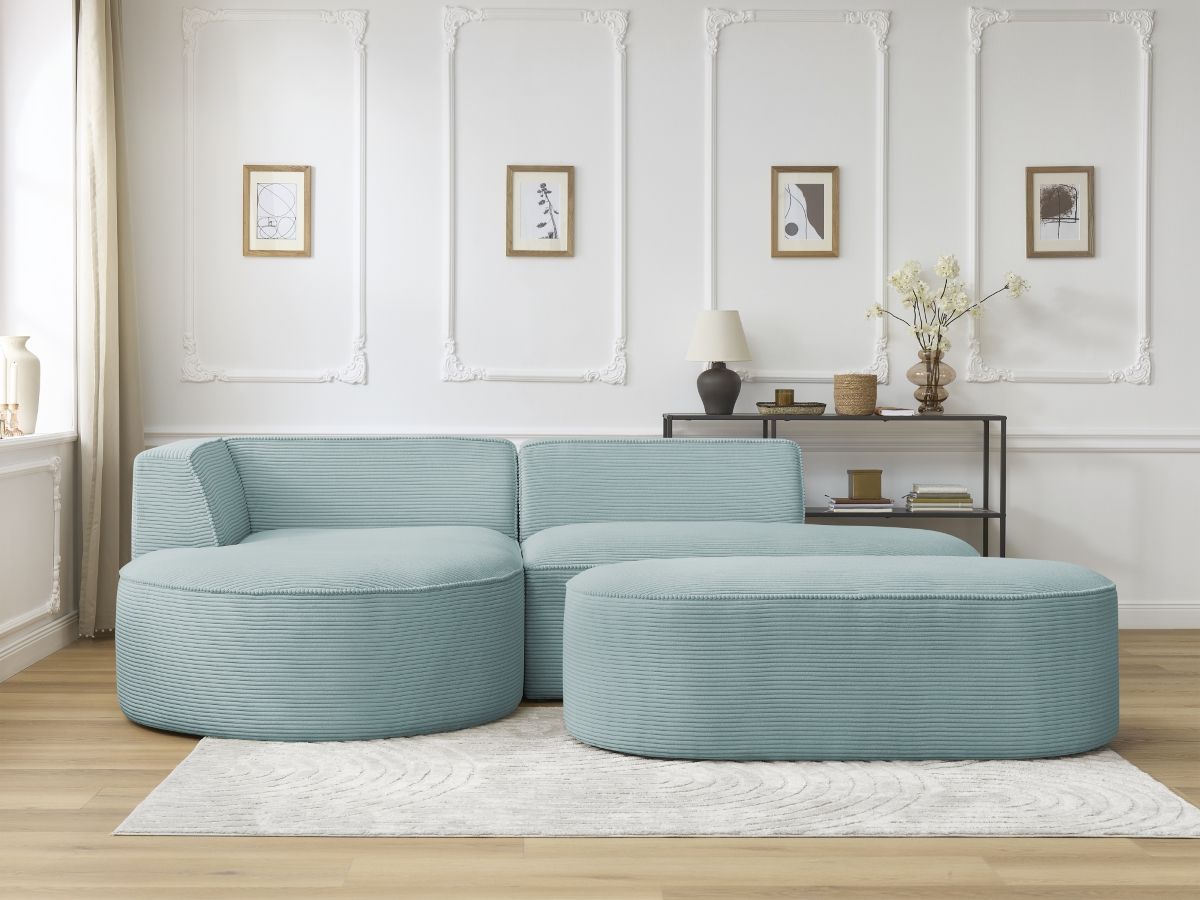 Bobochic Rousseau Ecksofa mit Pouf Cordsamt Hellblau Ecke links
