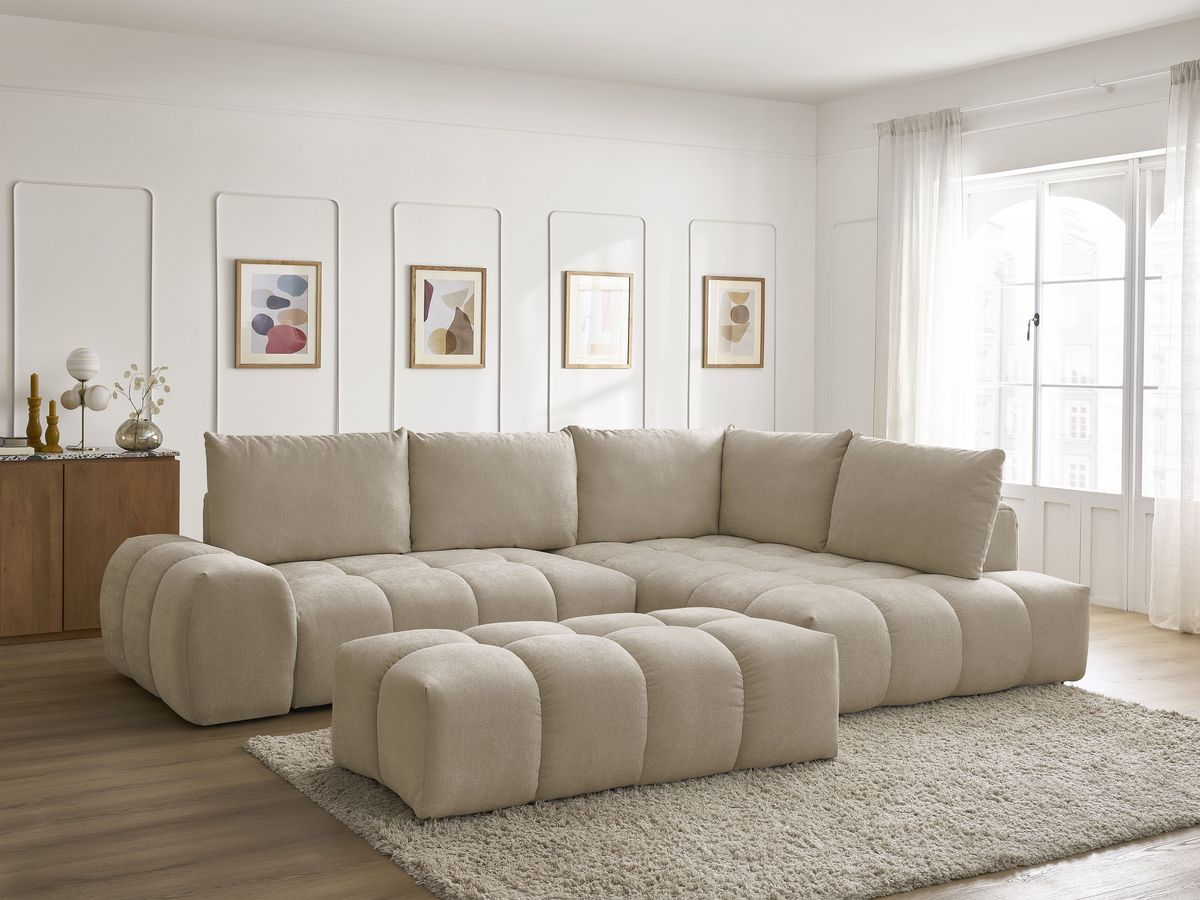 Bobochic Everest Ecksofa mit Schlaffunktion und Bettkasten und Pouf 320 × 212 cm, 5 Kissen Strukturstoff Taupe Ecke rechts