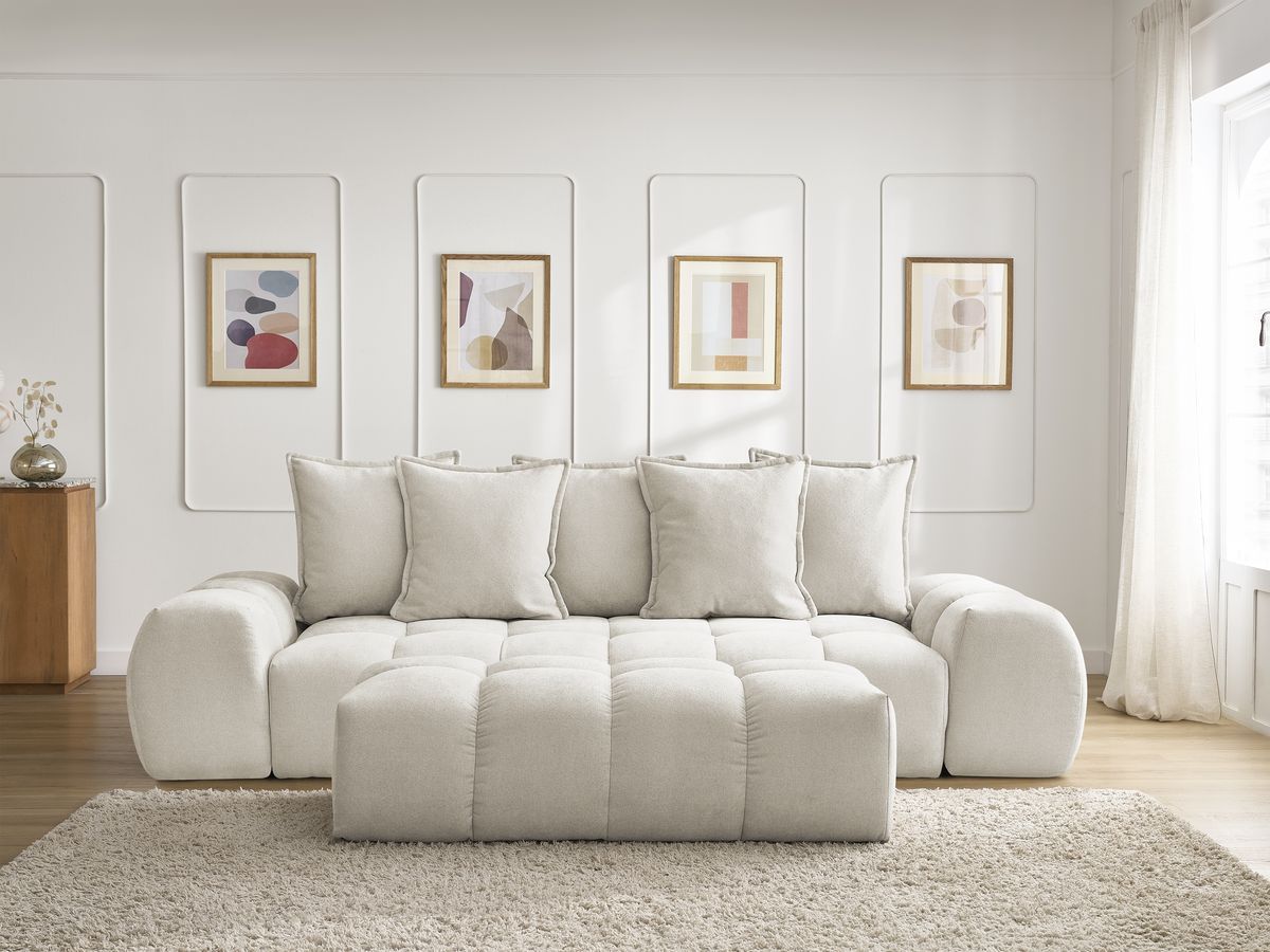 Bobochic Everest Sofa 3-Sitzer mit Pouf, 5 Kissen Strukturstoff Beige
