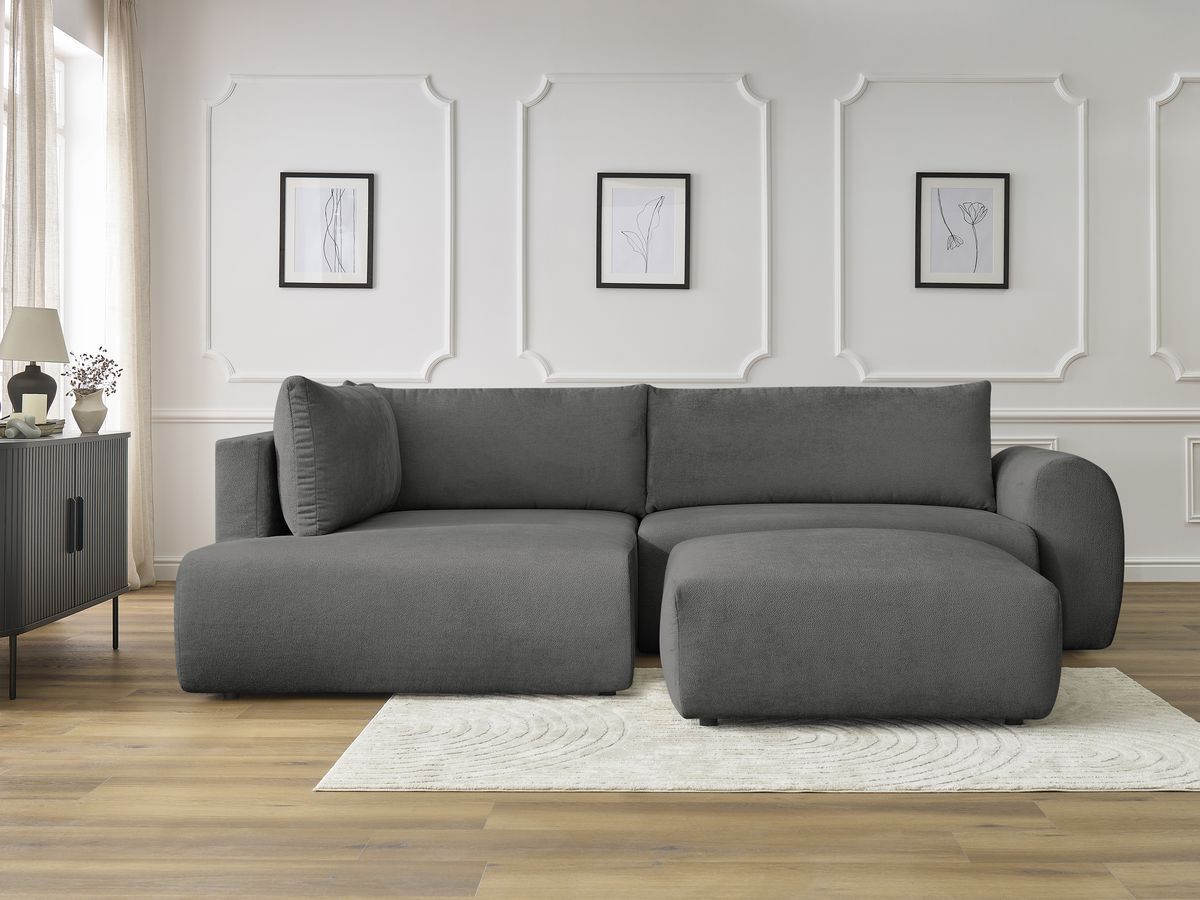 Bobochic Lucien Ecksofa mit Schlaffunktion und Bettkasten und Pouf 296 × 198 cm Stoff Dunkelgrau Ecke links