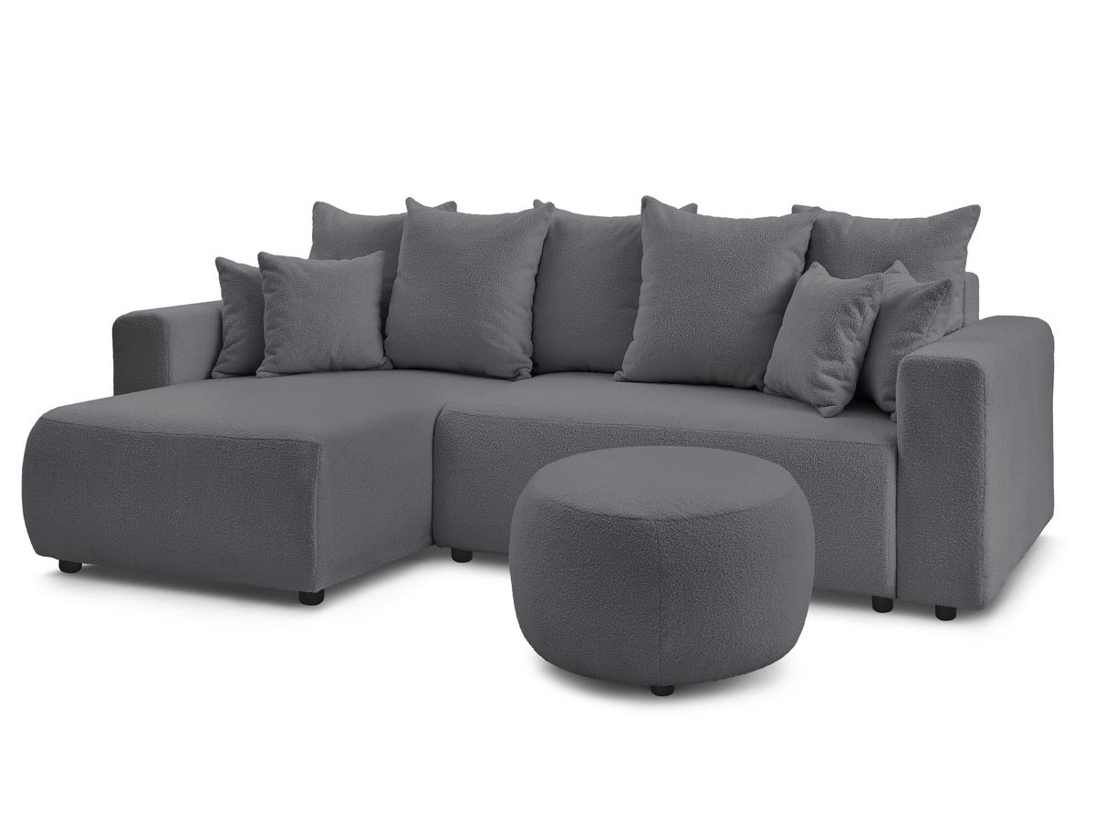 Bobochic Envy Ecksofa mit Schlaffunktion und Bettkasten und rundem Pouf Bouclé-Stoff Dunkelgrau