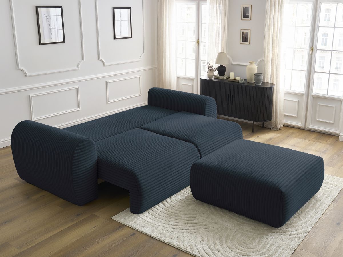 Bobochic Lucien Schlafsofa 4-Sitzer mit Bettkasten und Pouf Breitcord weich Dunkelblau