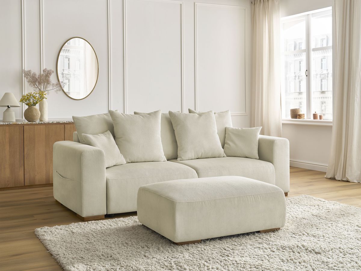Bobochic Sidonie Schlafsofa 4-Sitzer mit Bettkasten und Pouf Cordsamt Beige