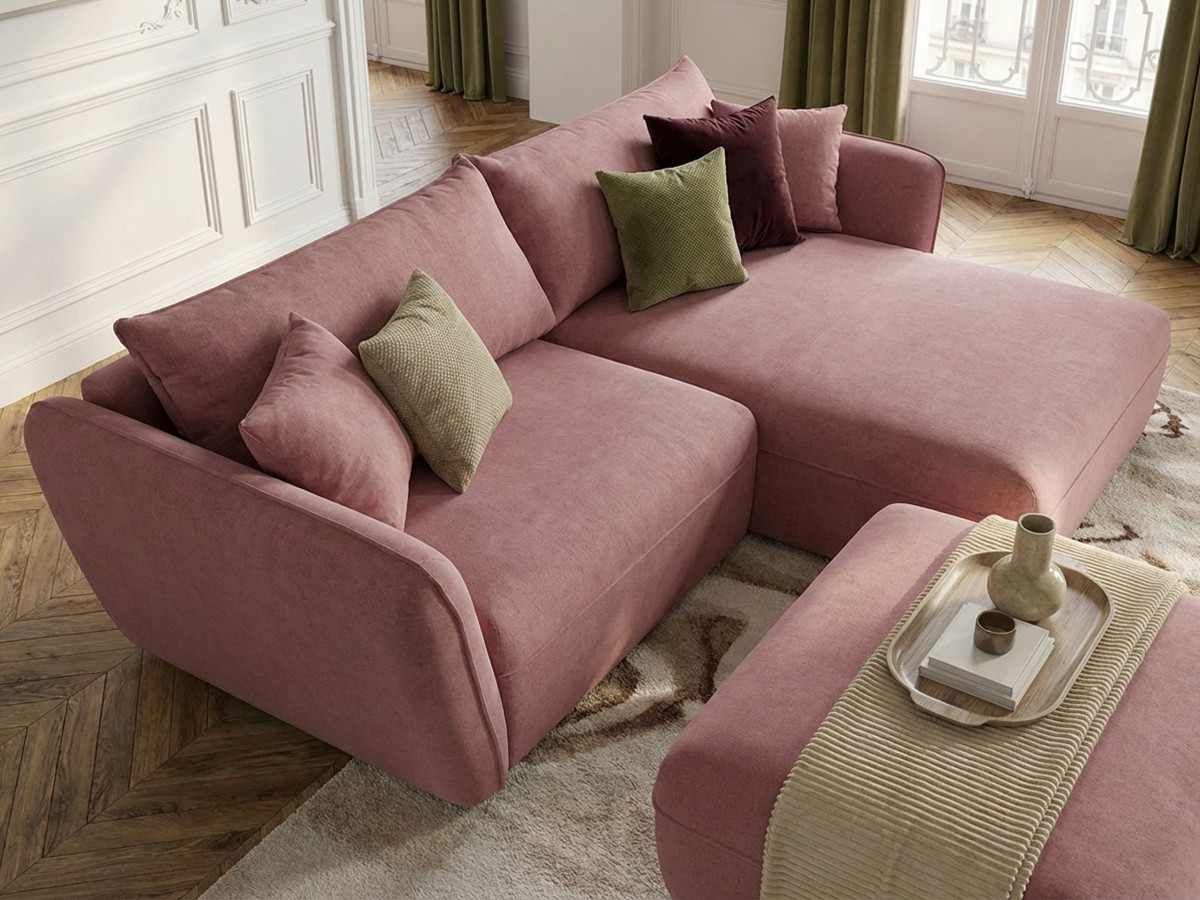 Bobochic Luigi Ecksofa mit Pouf Strukturstoff Rosa Ecke rechts