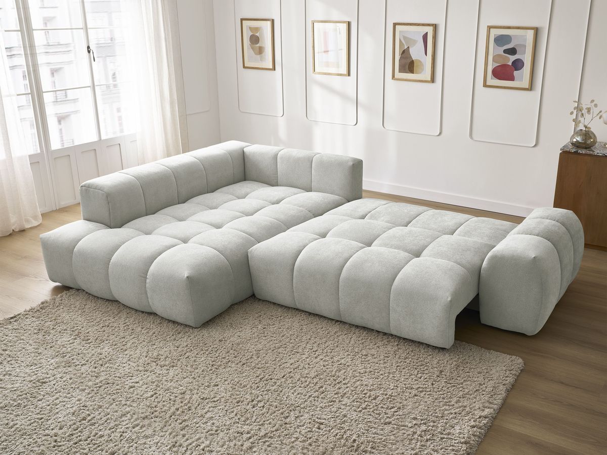Bobochic Everest Ecksofa mit Schlaffunktion und Bettkasten 320 × 212 cm, 5 Kissen Strukturstoff Hellgrau Ecke links