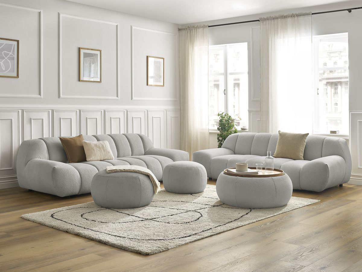 Bobochic Hayden Sofa 7-Sitzer mit Pouf Bouclé-Stoff Hellgrau