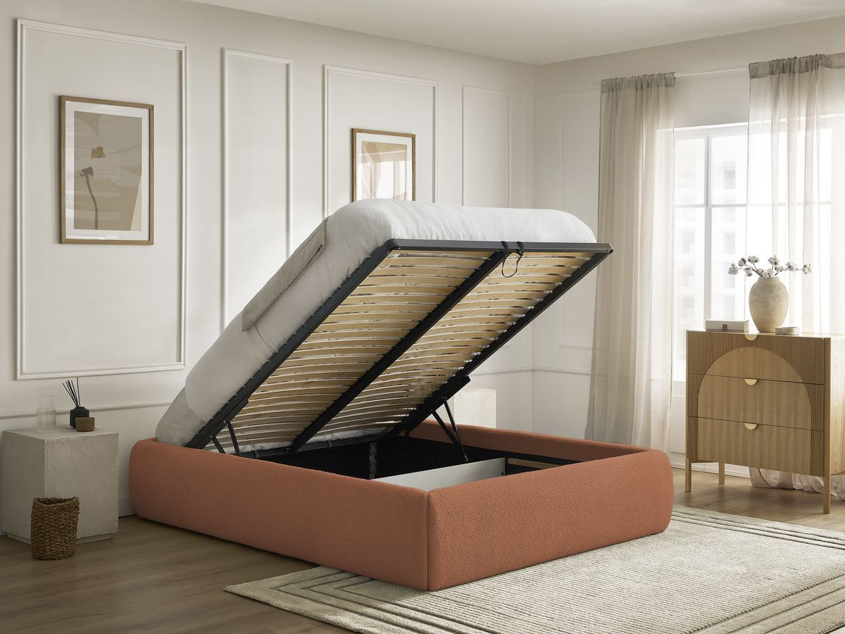 Bobochic Inera Bettgestell mit Bettkasten, ohne Kopfteil Bouclé-Stoff Orange, Liegefläche 140 × 190 cm