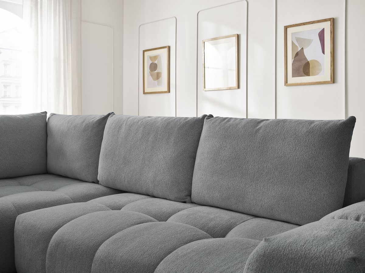 Bobochic Everest Ecksofa mit Schlaffunktion und Bettkasten 320 × 212 cm, 5 Kissen Melange-Stoff Dunkelgrau Ecke links