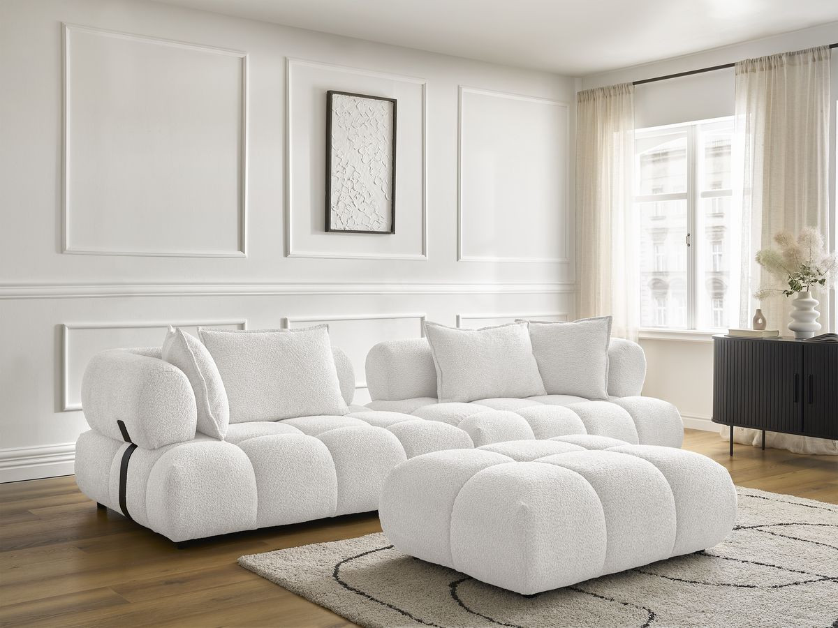 Bobochic Alya Sofa 4-Sitzer mit Pouf Bouclé-Stoff Weiß