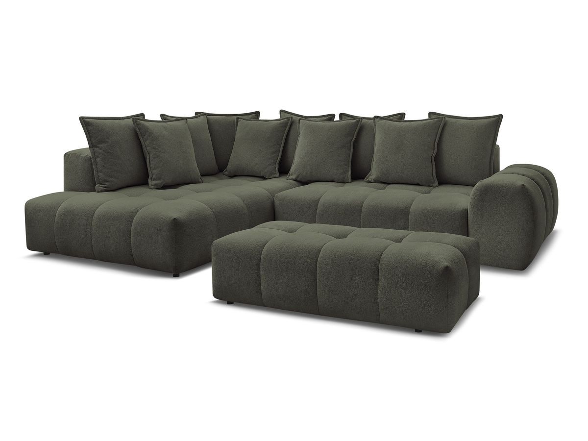 Bobochic Everest Ecksofa mit Schlaffunktion und Bettkasten und Pouf 320 × 212 cm, 10 Kissen Melange-Stoff Grün Ecke links