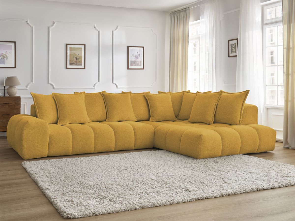 Bobochic Everest Ecksofa, 10 Kissen Melange-Stoff Gelb Ecke rechts