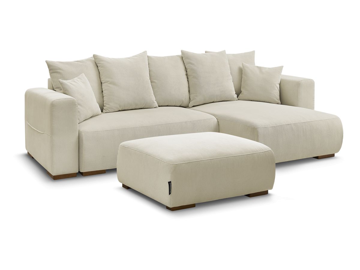 Bobochic Sidonie Ecksofa mit Schlaffunktion und Bettkasten und Pouf Cordsamt Beige