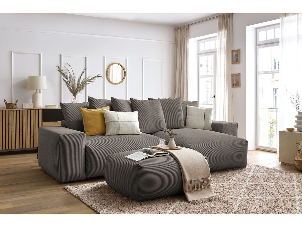 Bobochic Voltaire Ecksofa mit Schlaffunktion und Bettkasten und Pouf Cordsamt Taupe