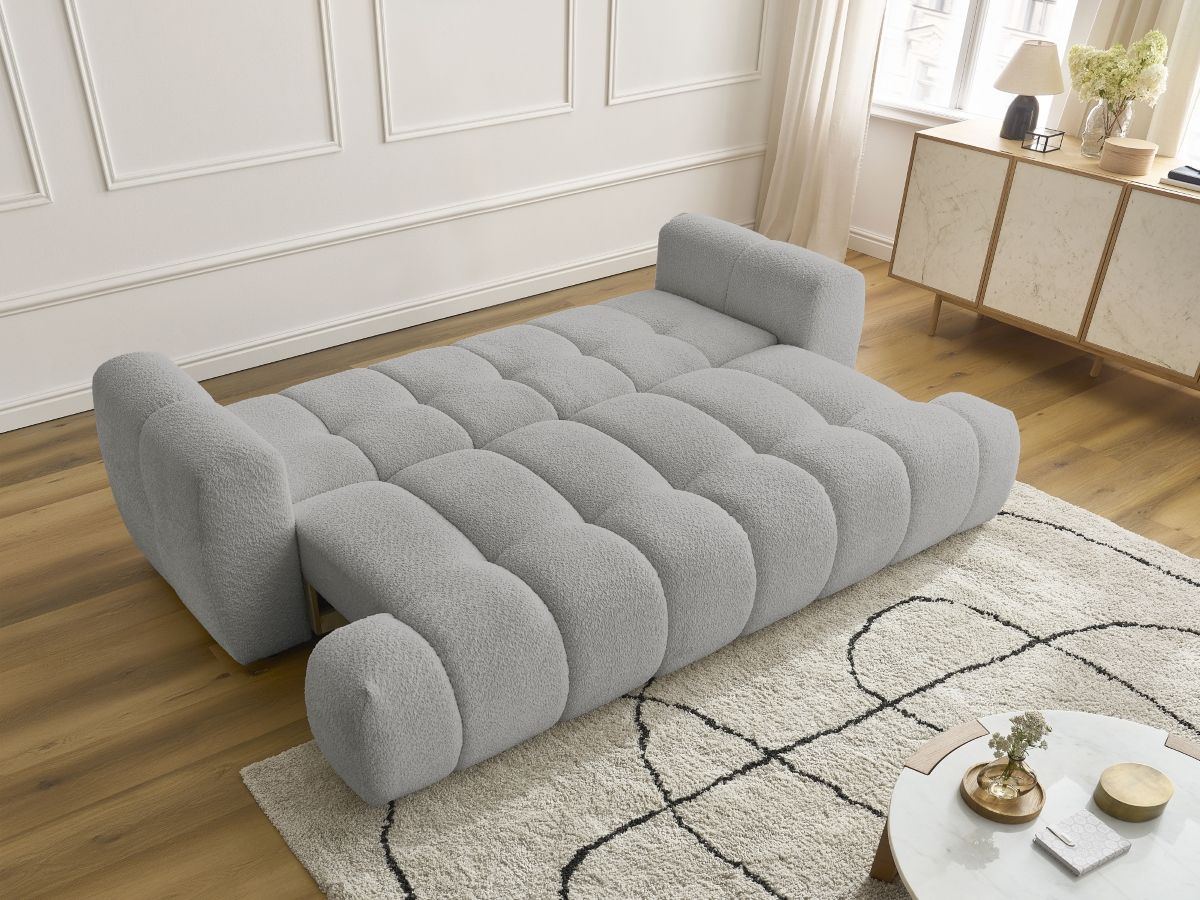 Bobochic Fuji Schlafsofa 3-Sitzer mit Bettkasten Bouclé-Stoff Hellgrau