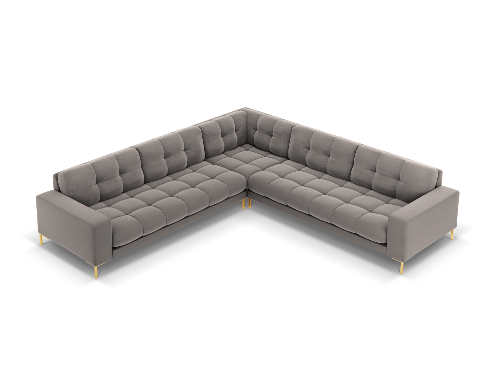 Cosmopolitan Design Symmetrisches Ecksofa Bali 6-Sitzer Samt Bluvel Hellgrau Beine Gold