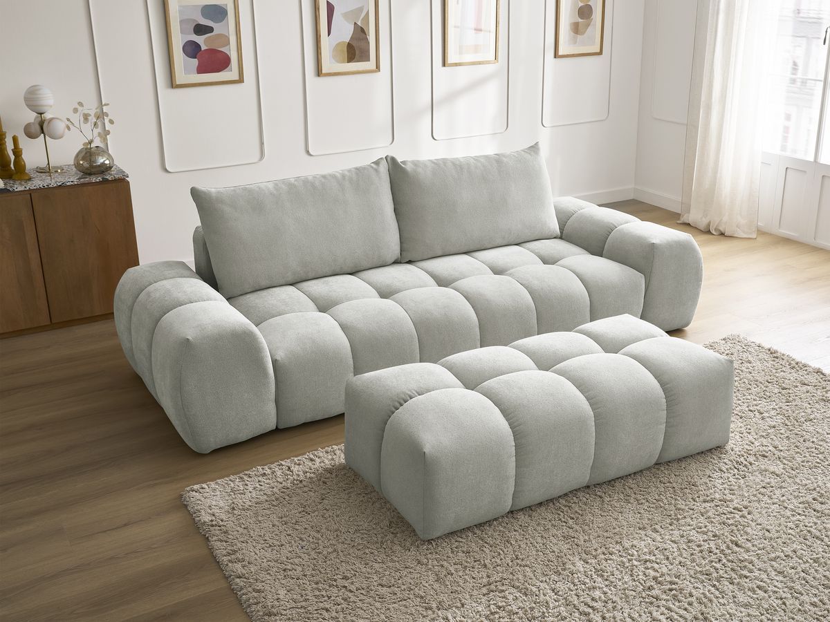 Bobochic Everest Sofa 3-Sitzer mit Pouf, 2 Kissen Strukturstoff Hellgrau