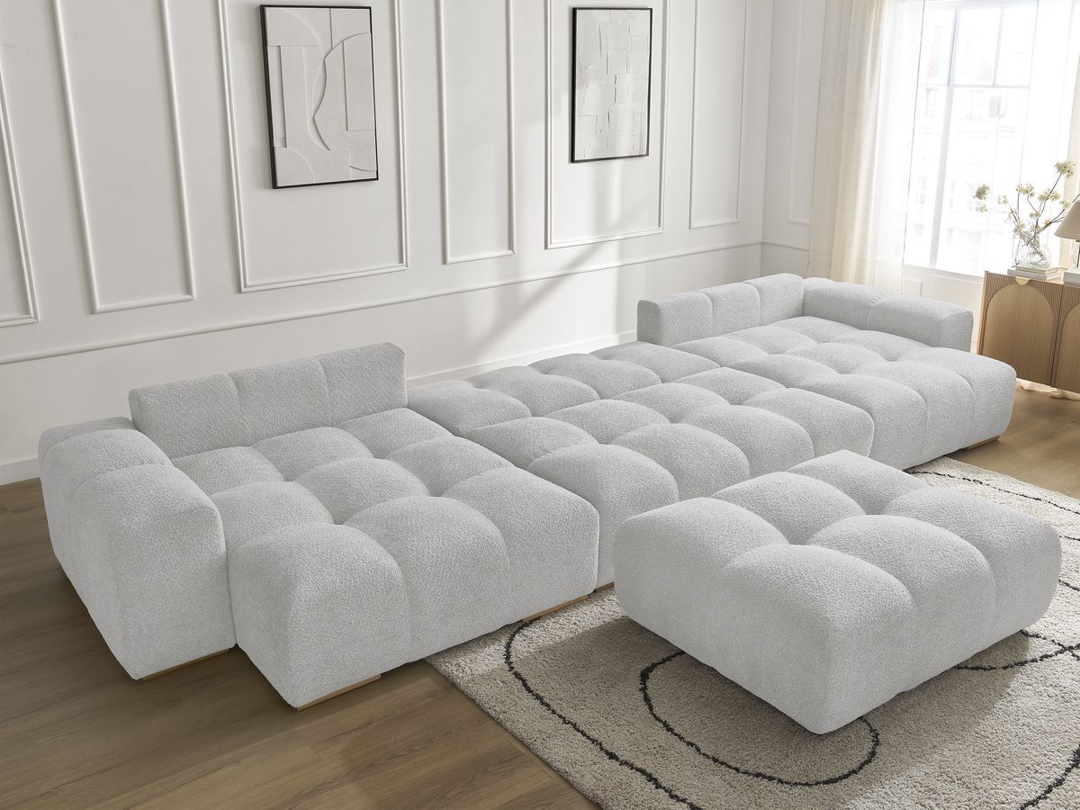 Bobochic Anakin Wohnlandschaft mit Pouf, Liegefläche 137 × 382 cm, 3 Kissen Bouclé-Stoff Hellgrau