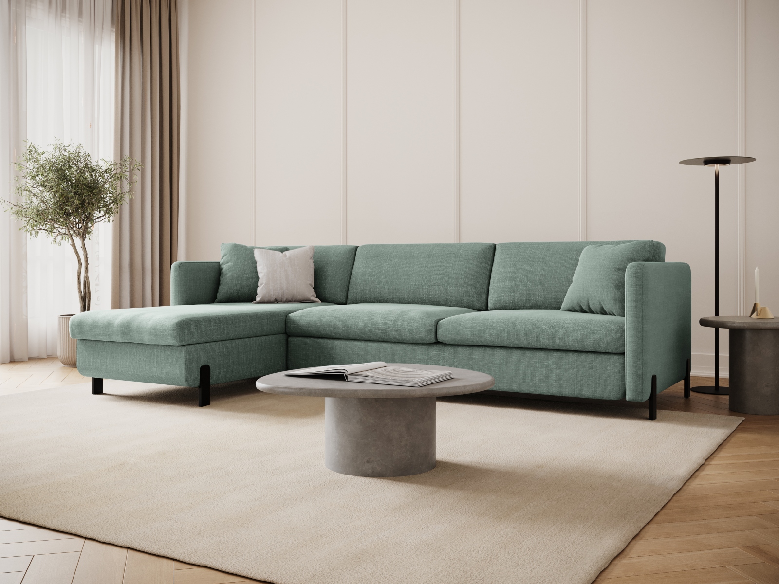 Micadoni Schlaf-Ecksofa Gloria 5-Sitzer Links Strukturierter Stoff Minze 205x160