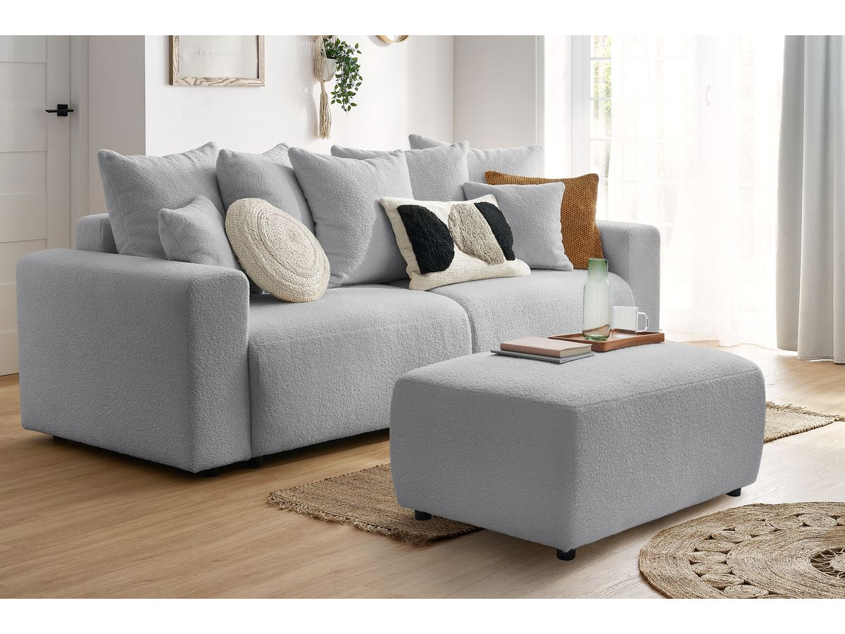 Bobochic Envy Schlafsofa 3-Sitzer mit Bettkasten und rechteckigem Pouf Bouclé-Stoff Hellgrau