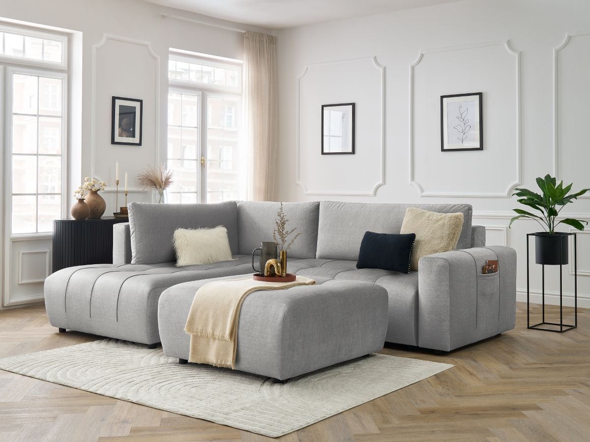 Bobochic Arsene Ecksofa mit Schlaffunktion und Bettkasten und Pouf 277 × 200 cm Samt Hellgrau Ecke links