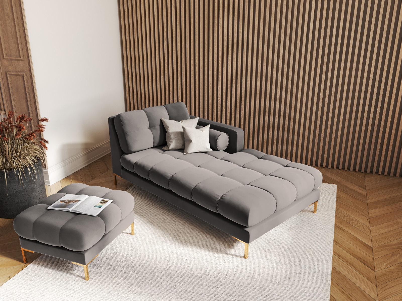 Cosmopolitan Design Chaiselongue Bali Samt Bluvel Hellgrau Rechts Beine Gold
