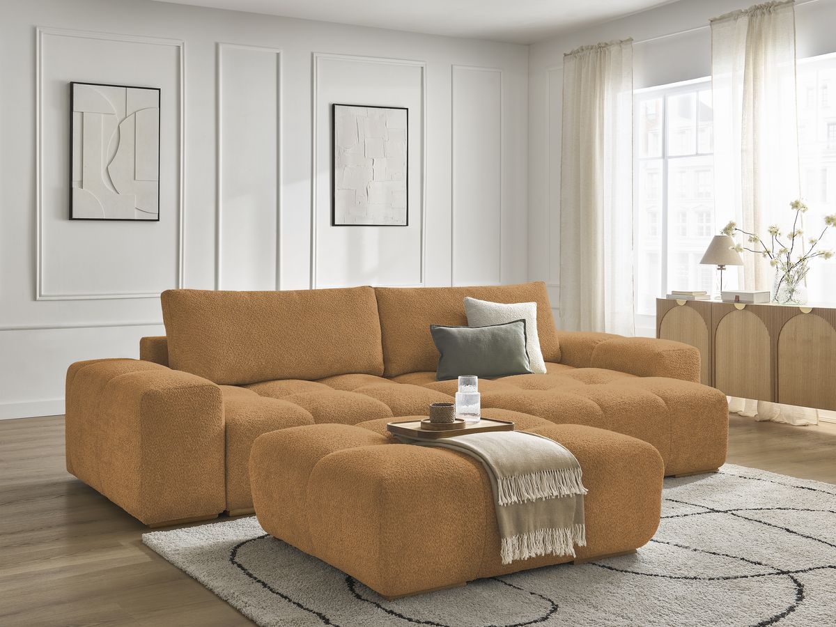 Bobochic Anakin Ecksofa mit Schlaffunktion und Bettkasten und Pouf, 2 Kissen Bouclé-Stoff Gelb