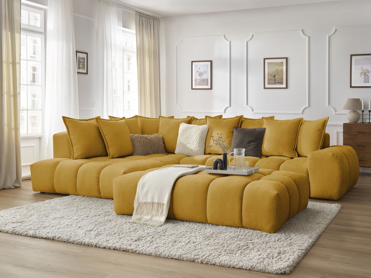 Bobochic Everest Ecksofa mit Schlaffunktion und Pouf, 10 Kissen Strukturstoff Gelb Ecke links