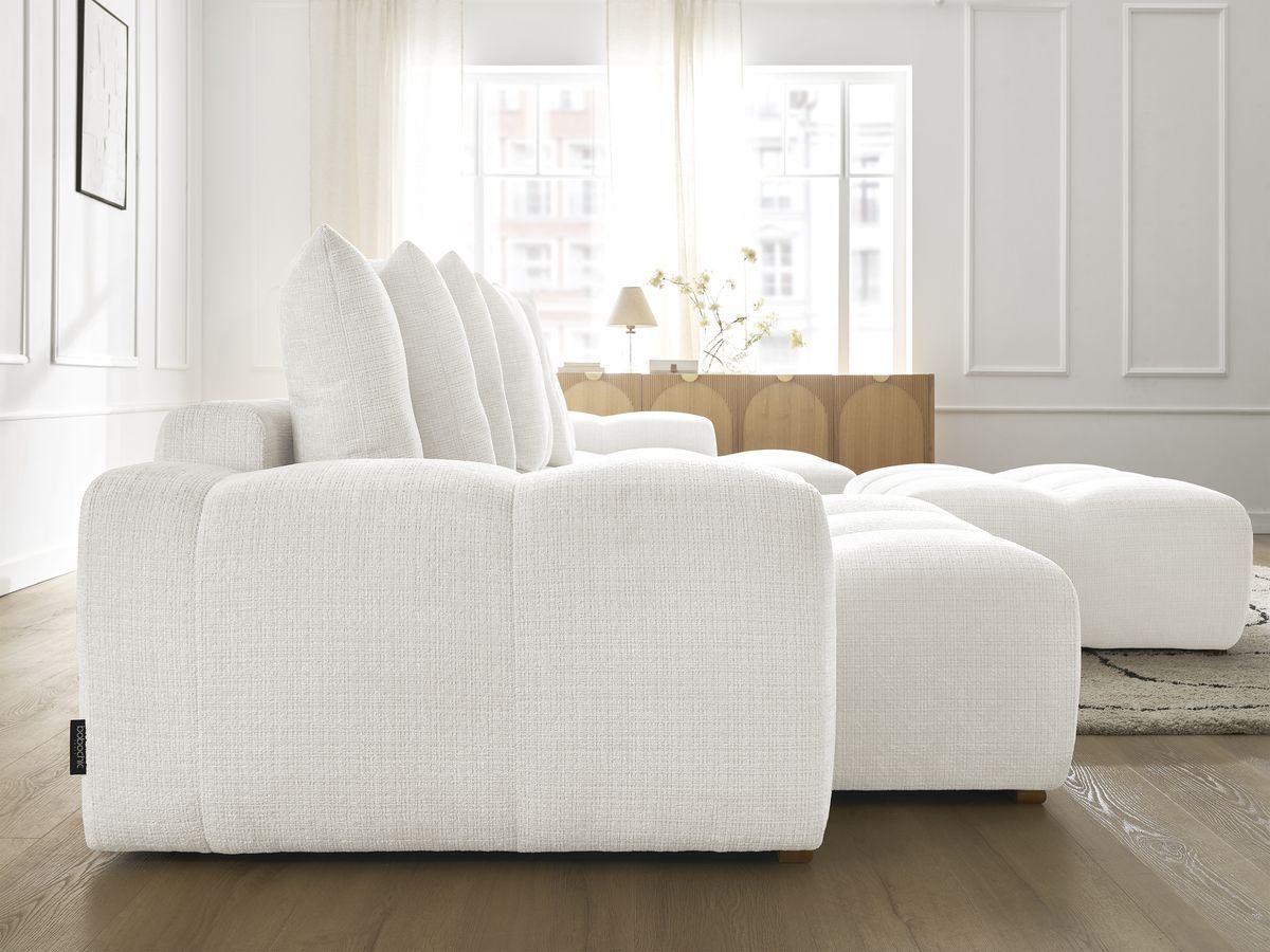 Bobochic Anakin Wohnlandschaft mit Pouf, Liegefläche 137 × 382 cm, 10 Kissen Strukturstoff Weiß