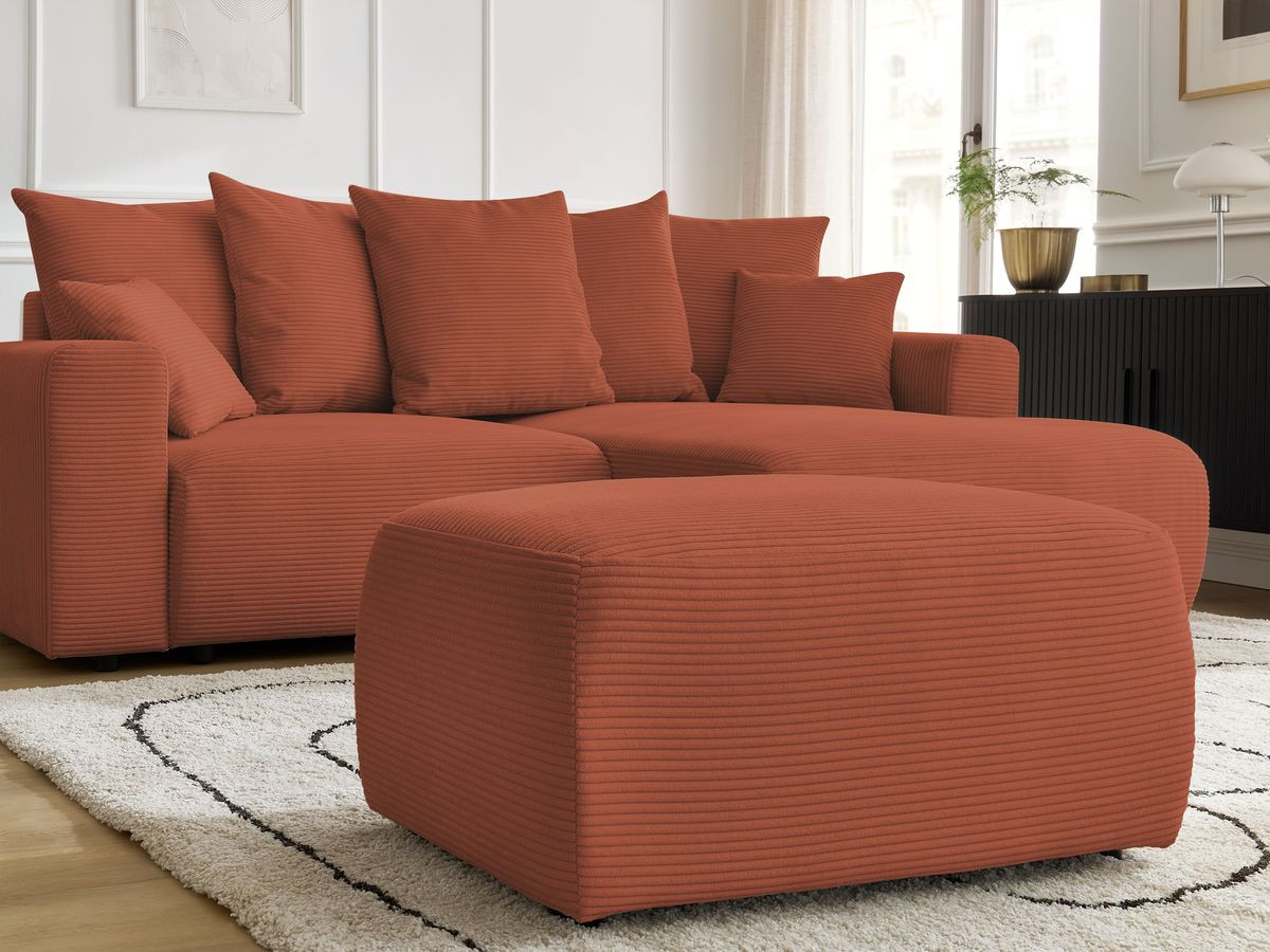 Bobochic Atilla Ecksofa mit Schlaffunktion und Bettkasten und Pouf Cordsamt Orange Ecke rechts