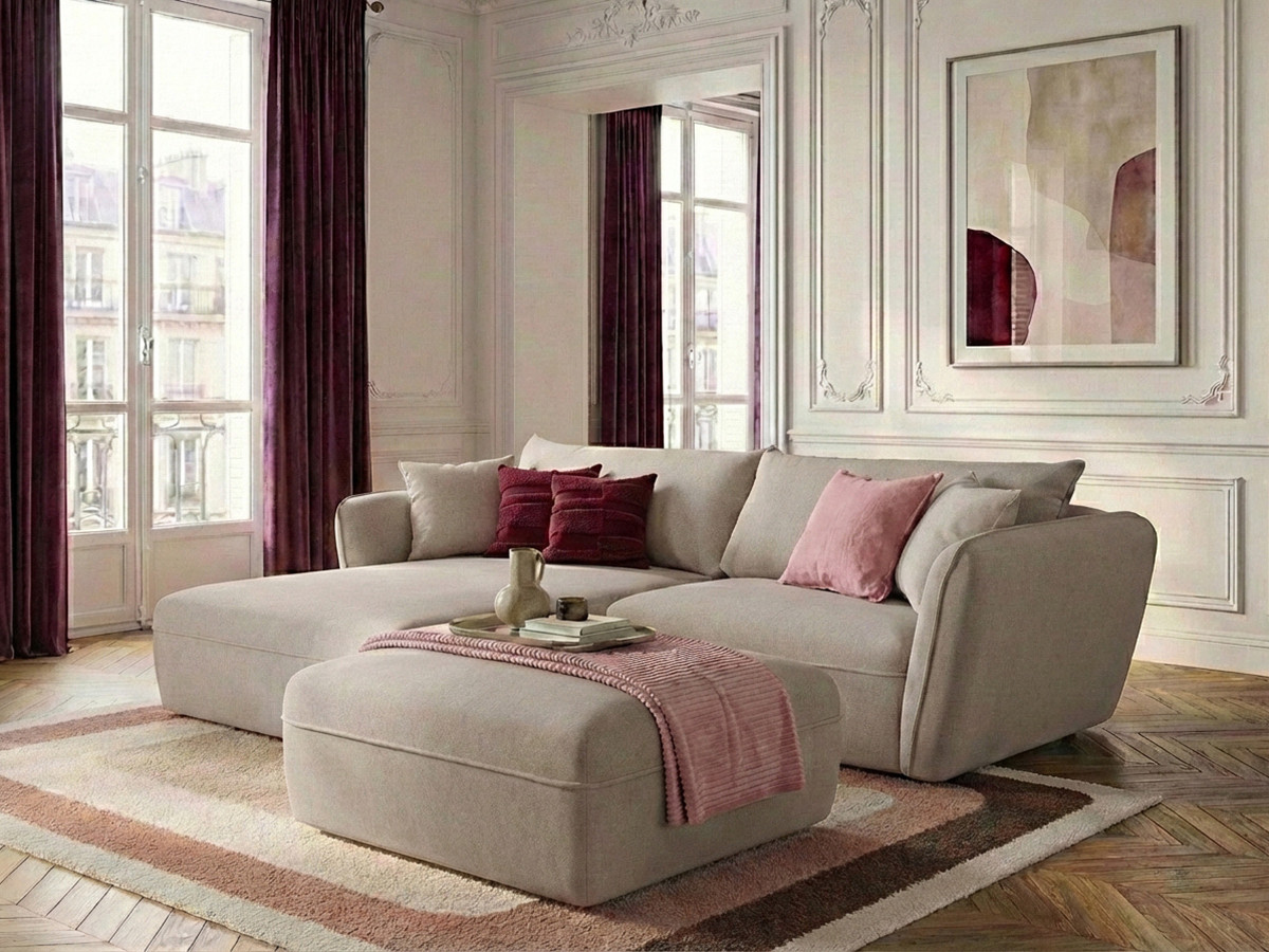 Bobochic Luigi Ecksofa mit Pouf Strukturstoff Beige Ecke links