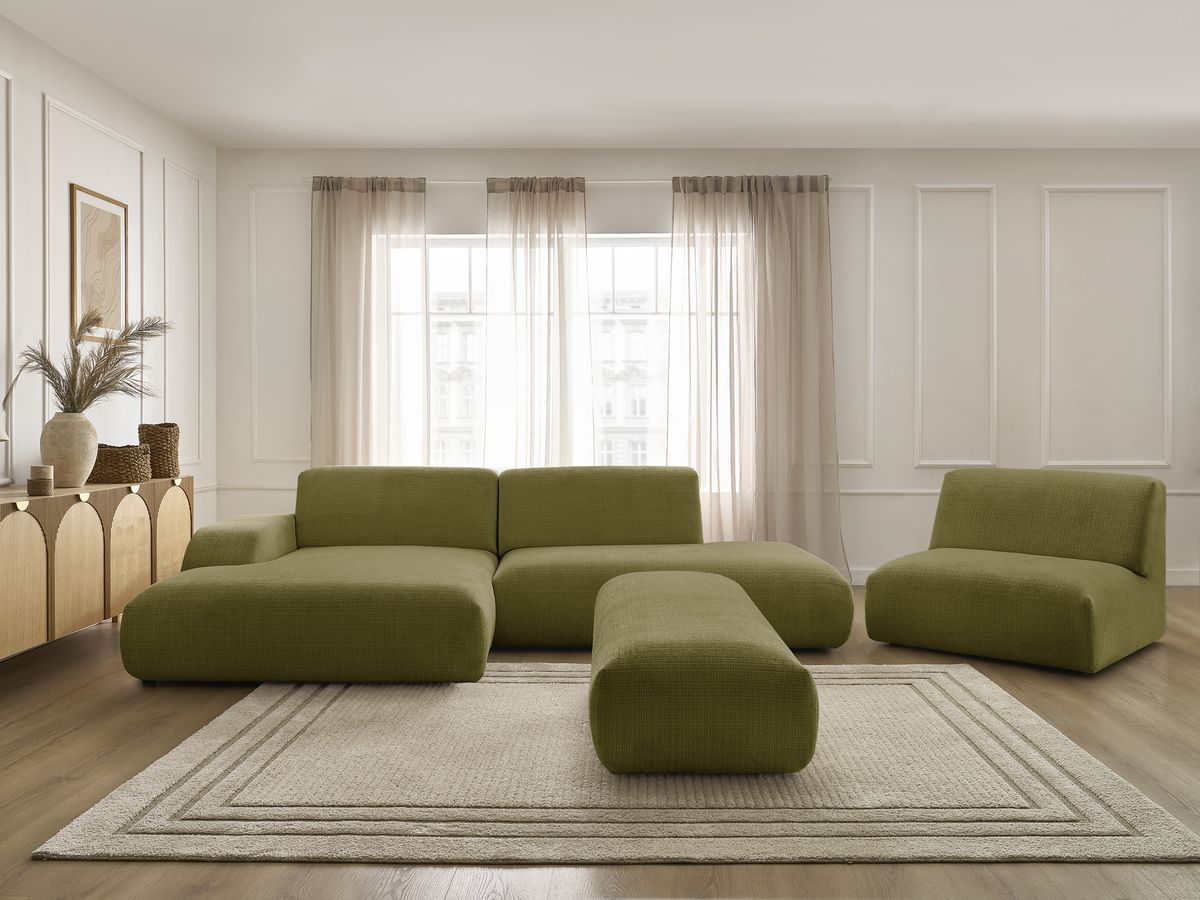 Bobochic Sirius Ecksofa mit Pouf 405 × 170 cm Strukturstoff Grün Ecke links