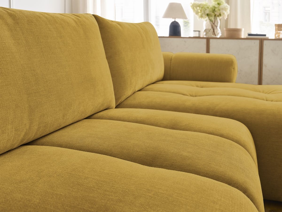 Bobochic Fuji Ecksofa mit Schlaffunktion und Bettkasten 292 × 160 cm Stoff Gelb Ecke rechts
